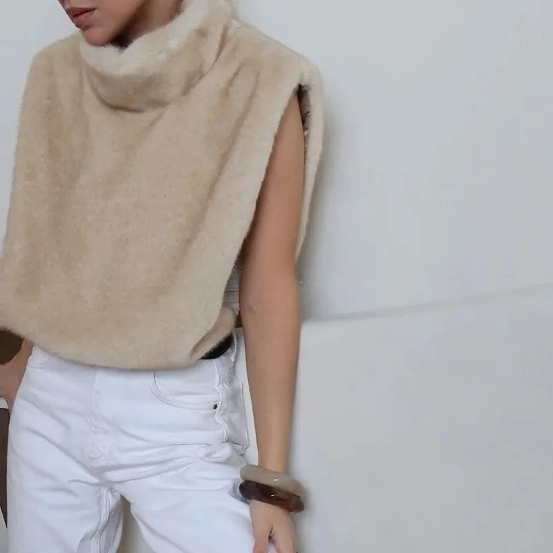 Autumn Winter Turtleneck Eco Mink Fur Tank Tops Sleeveless Jacket Coat New Fashion Faux Fur Sable Vest Crop Top