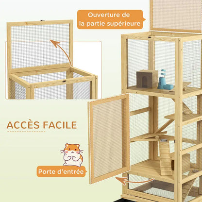 Cage for hamsters or small animals in wood 5 levels with niche balançoire 54 x 38 x 131 cm natural