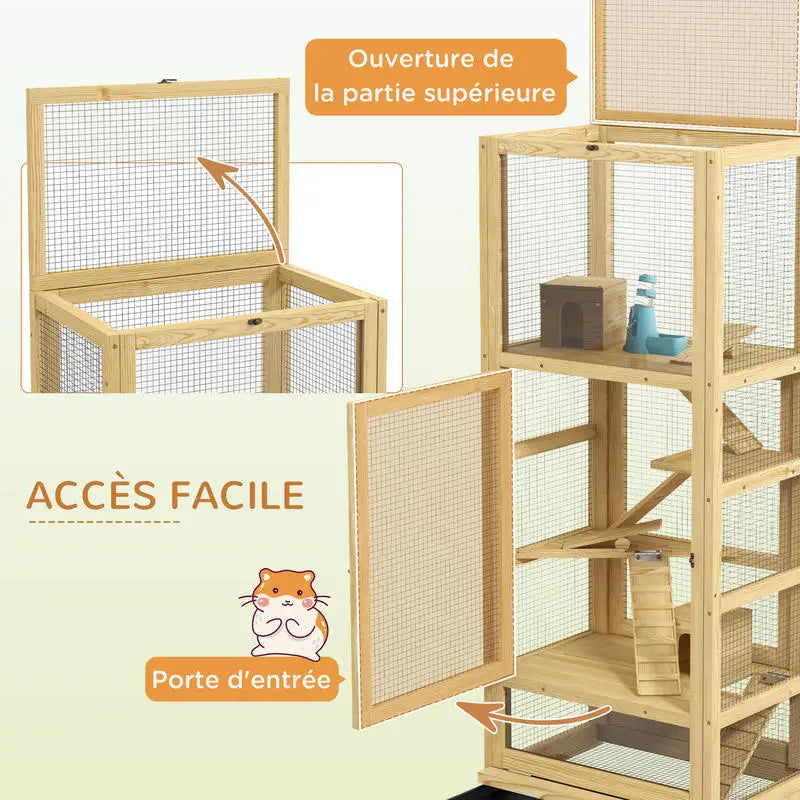 Cage for hamsters or small animals in wood 5 levels with niche balançoire 54 x 38 x 131 cm natural