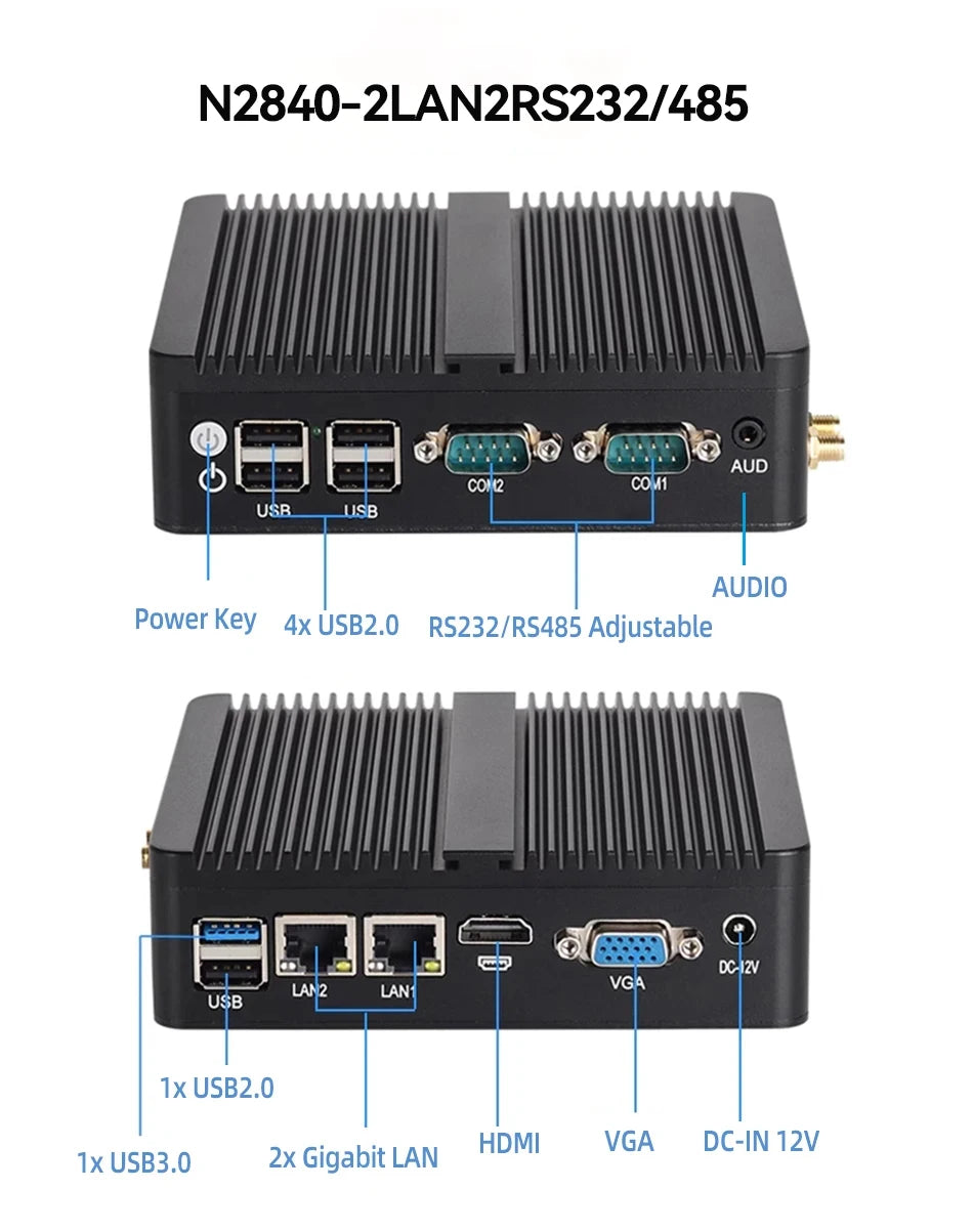 BEBEPC Fanless Industrial Mini PC with Intel Celeron J6412 J1900 Support Linux Computer with 2xRS232/485 2xGbE LAN Win10 Ready