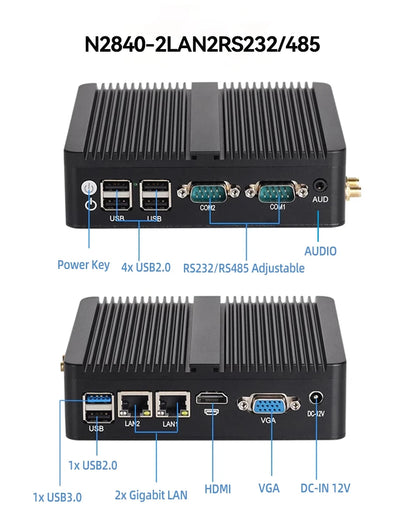 BEBEPC Fanless Industrial Mini PC with Intel Celeron J6412 J1900 Support Linux Computer with 2xRS232/485 2xGbE LAN Win10 Ready