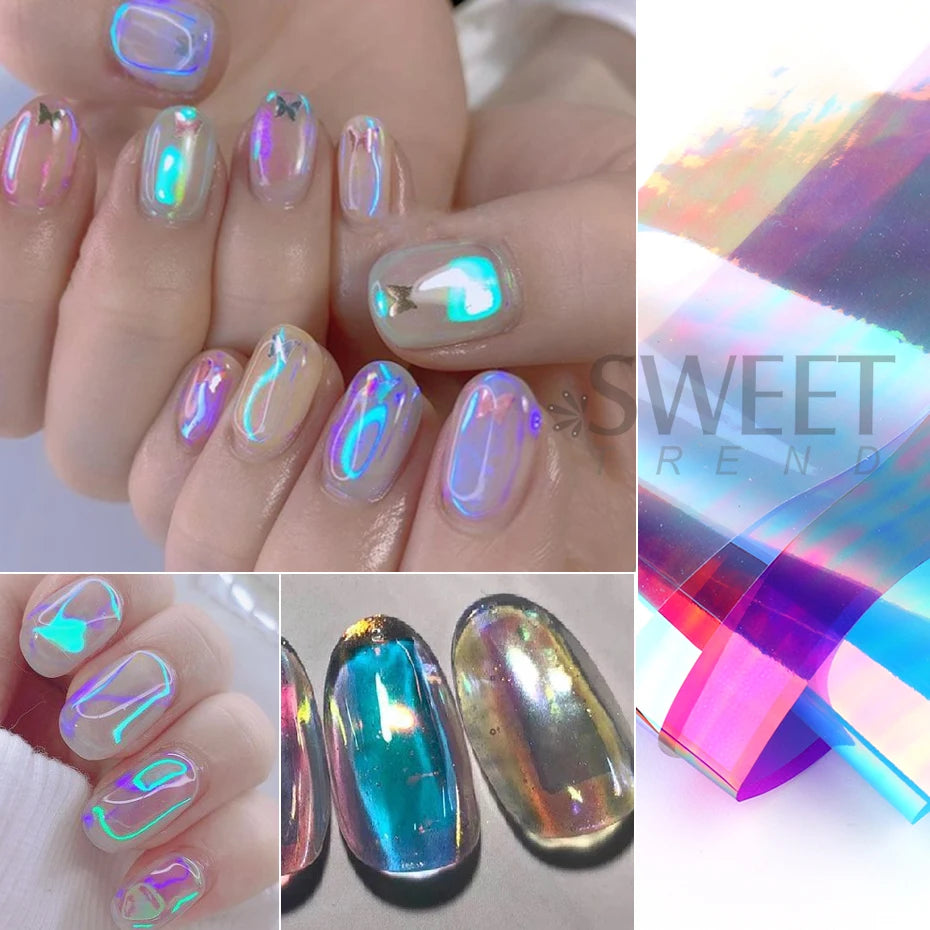 8/10pcs Holographic Aurora Film Nail Glass Foil Sparkly Ice Cube Transfer Paper Cellophane Sliders DIY Full Cover Manicure Wraps