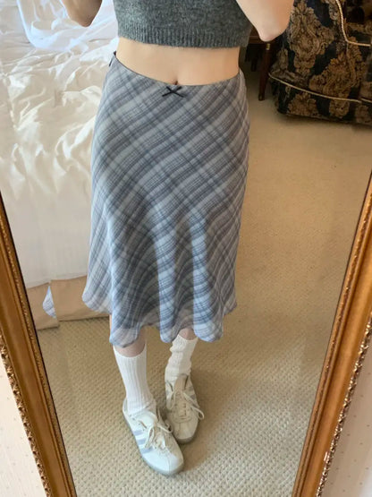 Deeptown Plaid Skirt Vintage Women Elegant Sweet Korean Style Mid Skirt Y2k Harajuku fashion A-line summer Aesthetics Skirts