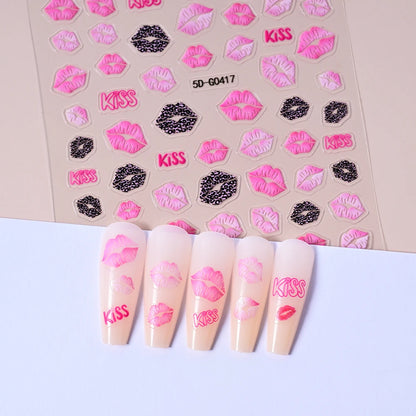 1sheet 5D Sexy Red Lips Nail Decal Stickers KISS Love Heart Valentine's Day Self-adhesive Nail Slider DIY Romantic Nail Decor