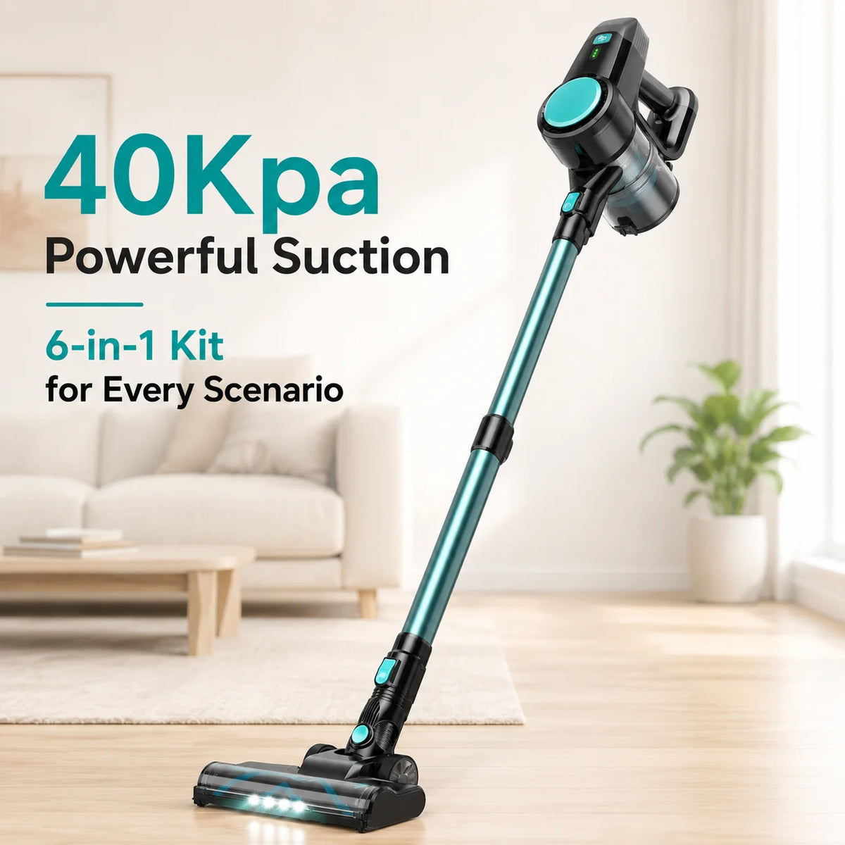 N3T Cordless Stick Vacuum 6 in 1 Handheld Vacuum Cleaner with LED Brush 40 Mins Runtime Self Standing for Pet Hair Hard Floor Carpet