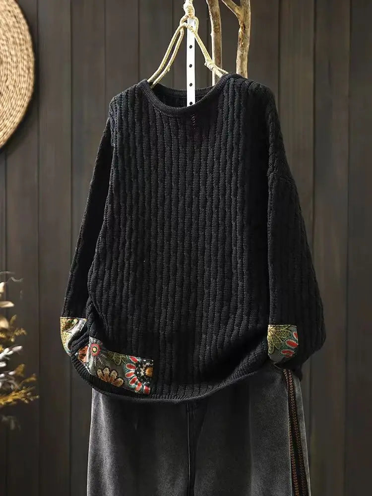 Winter Fall Fashion Vintage Sweater Women's O-neck Loose Casual Lazy-style Casual Pullover Tops Flower Print Patchwork Knitwear