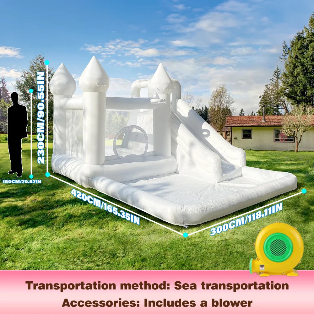 Commercial Grade White Inflatable Bounce House with Slide and Splash Pool, PVC Wet Dry Bouncy Castle for Wedding Party Rental