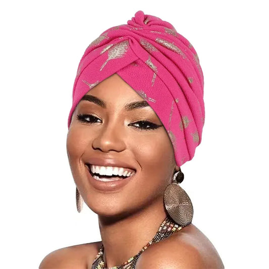 Feather Gold Stamping Fabric Turban Cap for Women African Wrap Head Bonnet Muslim Under Scarf Hat Turbante Mujer