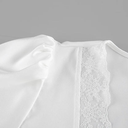 Elegant Satin Lace Patchwork Skirt Two-piece Set V Neck Short Sleeve Lace Up Tops Mini Skirts Suit 2026 New Party Daily Outfits