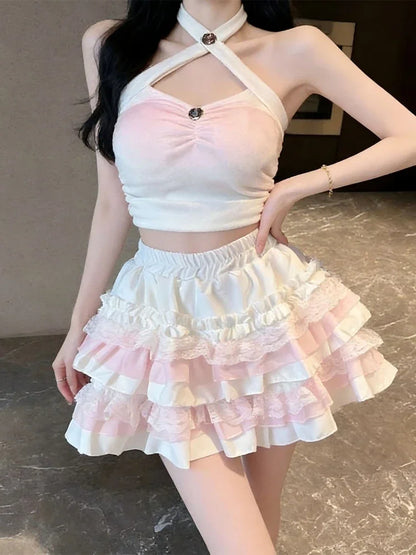 Lolita Tiered Ruffle Mini Skirt with Lace Trim Kawaii Cake Skirt Women Sweet Pink Skort Coquette Fairycore Soft Girls Cute Y2K