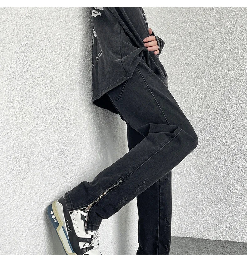 2024 Spring Autumn Korean Men Fashionable Retro Street Jeans Zip Design on Trouser Legs Straight-leg Denim Pants Men's Clothing