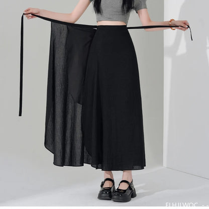 Chic Korea Clothes Summer Women Cute Sweet GIrls Solid Robe Holiday Date High Waist Retro Vintage Wrap One-Piece Lace-Up Skirts