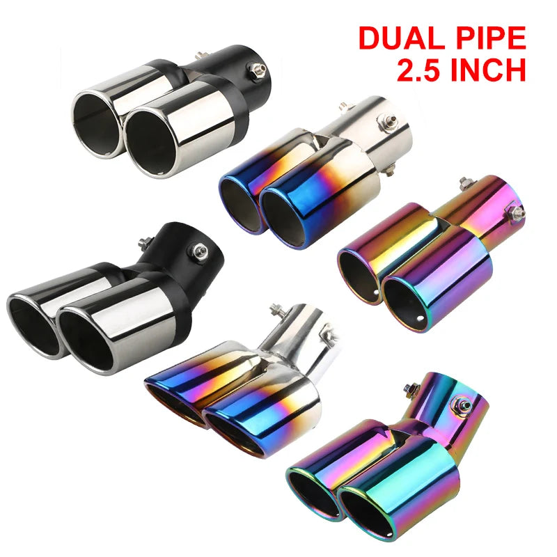 1PCS 2.5" Inlet Decoration Chrome Tail Pipe Car Styling Car Exhaust Trim Muffler Pipe Tail Stainless Steel Curved Double Outlet