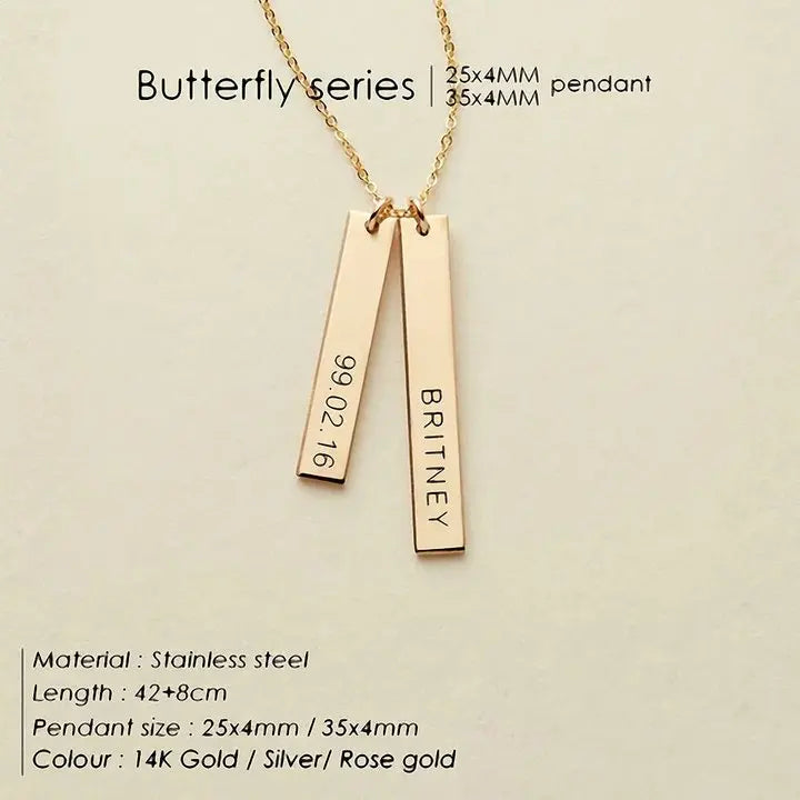 EManco Stainless Steel Long Engraved Necklace Double Pendant Name Personalized Engraved Necklace Birthday Gift