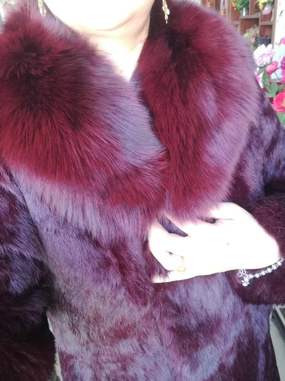 Real Rex Rabbit Fur Coat Women Autumn Winter Long Jacket Thick Warm New Fashion Fox Fur Collar Elegant Female Warm Outerwear