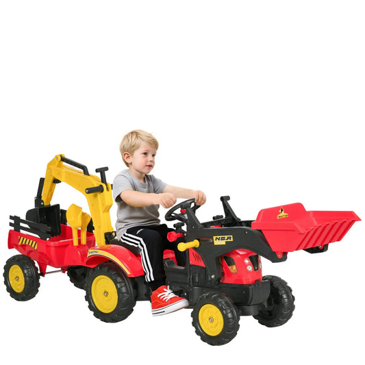 Pedal tractor with detachable pendant & adjustable excavator shovel for children from 3 years old, 35kg red
