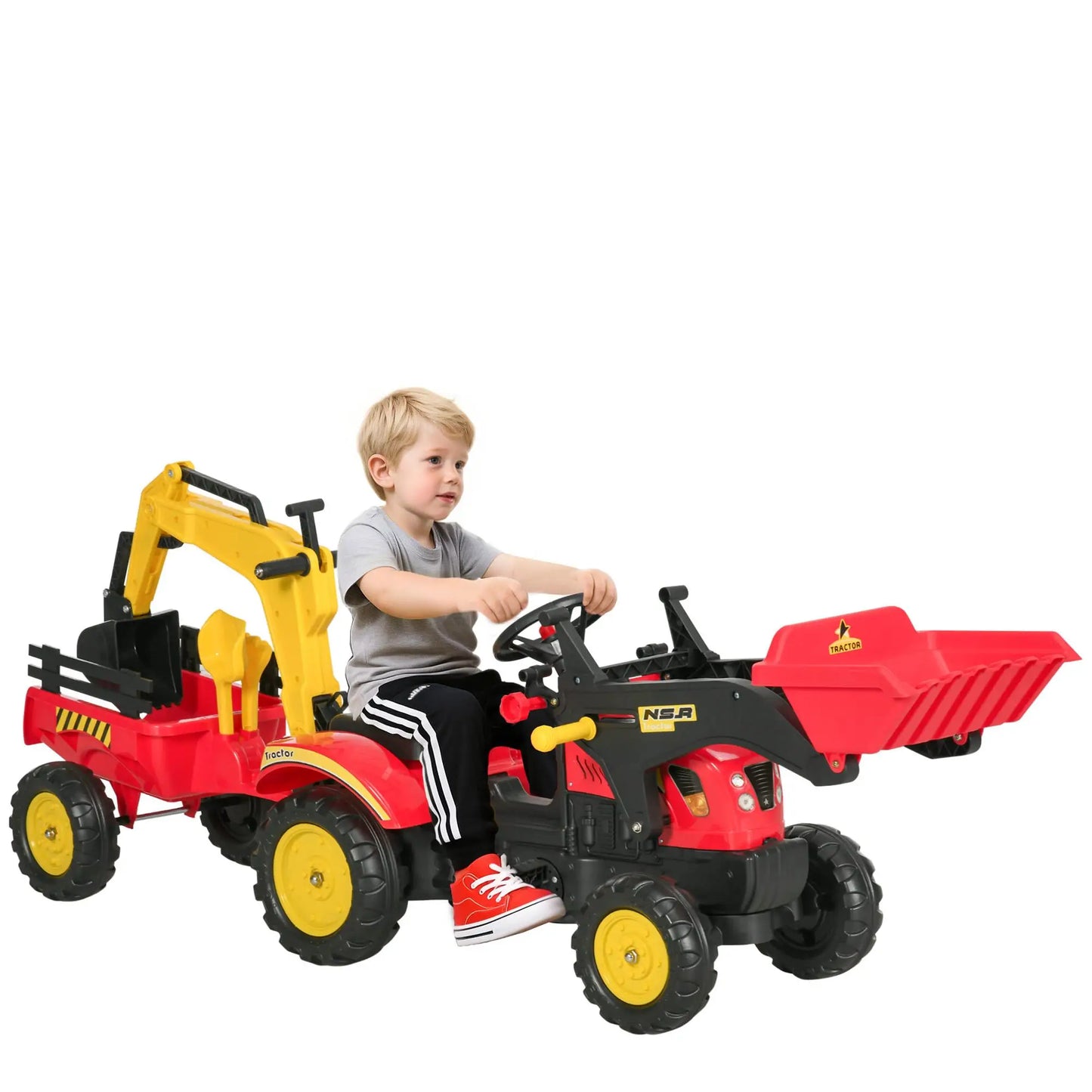 Pedal tractor with detachable pendant & adjustable excavator shovel for children from 3 years old, 35kg red