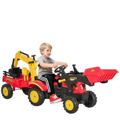 Pedal tractor with detachable pendant & adjustable excavator shovel for children from 3 years old, 35kg red