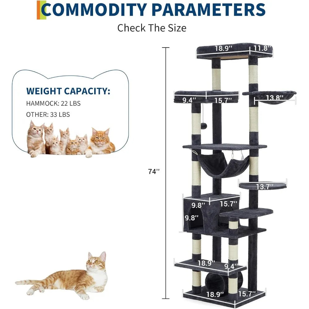 Garvee 188cm Extra Tall Multilevel Cat Tree Tower, Indoor Large Cat Climbing Activity Center with Cat Condos, Sisal Scratching Posts & Soft Hammock for Kittens and Adult Cats