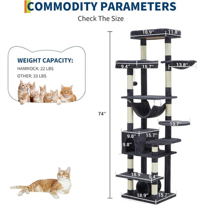 Garvee 188cm Extra Tall Multilevel Cat Tree Tower, Indoor Large Cat Climbing Activity Center with Cat Condos, Sisal Scratching Posts & Soft Hammock for Kittens and Adult Cats