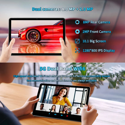 10.1" Android Tablet with Octa-core Processor 16GB(4+12GB Virtual) RAM 64GB ROM HD IPS Touchscreen, Wi-Fi 6, BT 5.0, Dual Camera