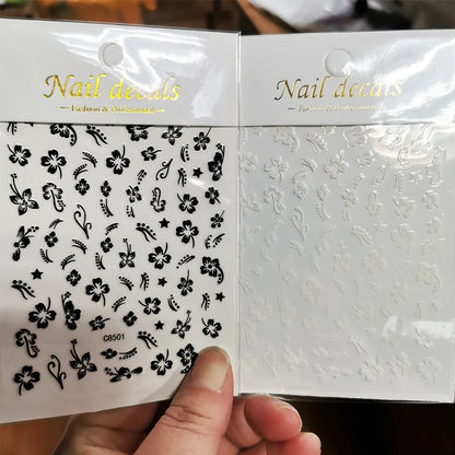 1pc 3D Hibiscus Flowers Nail Sticker White Black Flower Petals Adhesive Decals Pink Golden Floral Slider For Nail Art Decoration
