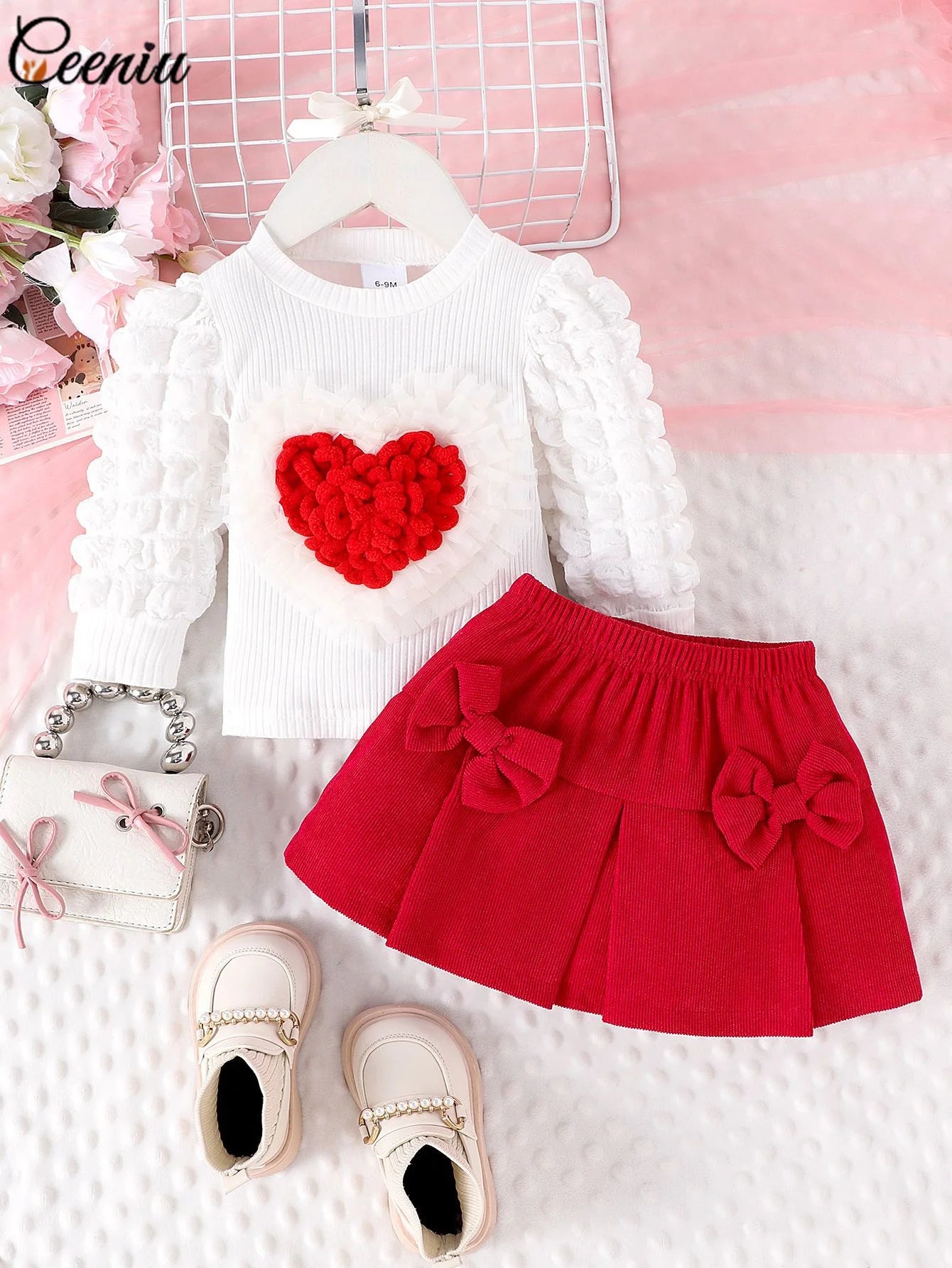 0-3Y Baby Girl Outfit Set 2pcs Puffy Sleeve Heart Shape Top and Corduroy Skirts Valentines Day Sweet Toddler Kids Clothes Girls