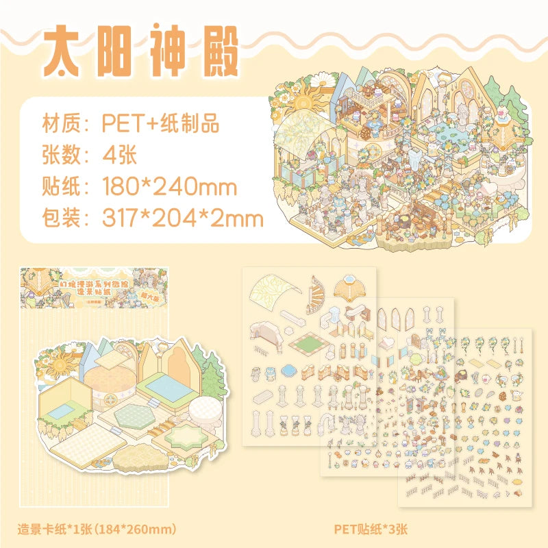 4 pcs Cartoon Miniature Scene 3D Landscaping Stickers DIY Cabin Scene Stacking and Pasting Hand Account Cute Gift for Kid Child