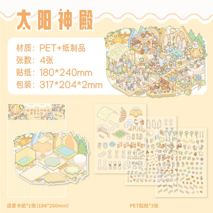 4 pcs Cartoon Miniature Scene 3D Landscaping Stickers DIY Cabin Scene Stacking and Pasting Hand Account Cute Gift for Kid Child