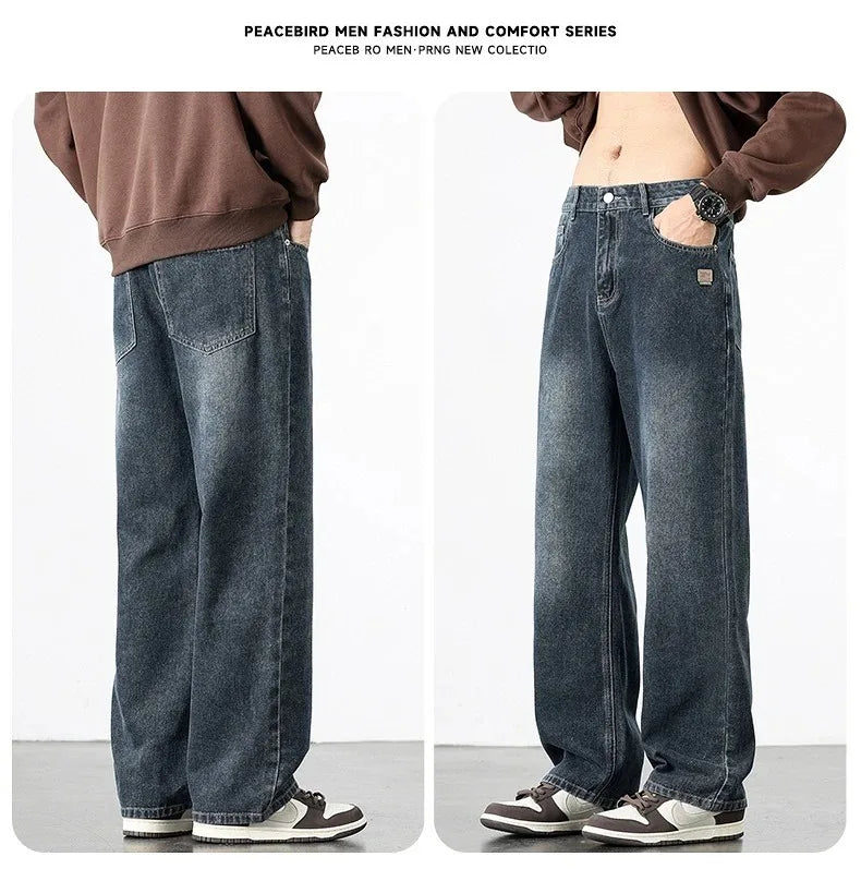Spring Autumn American Retro Straight Jeans Men Streetwear Korean Fashion Loose Baggy Wide Leg Denim Pants Male Casual Trousers