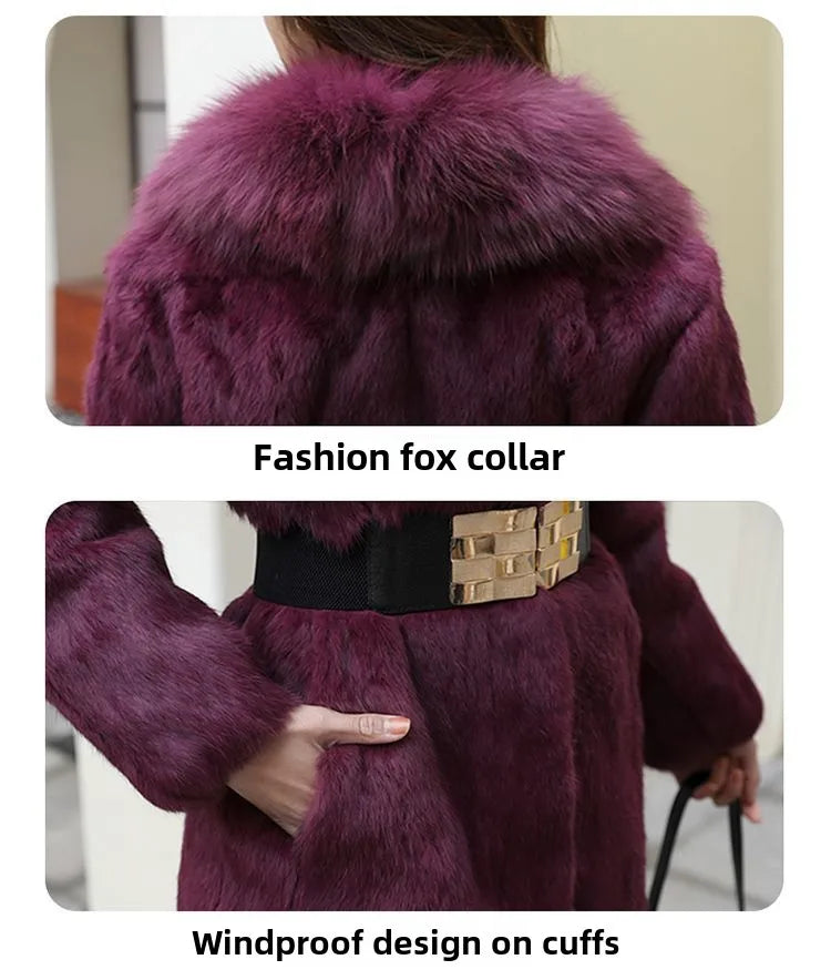 Real Rex Rabbit Fur Coat Women Autumn Winter Long Jacket Thick Warm New Fashion Fox Fur Collar Elegant Female Warm Outerwear
