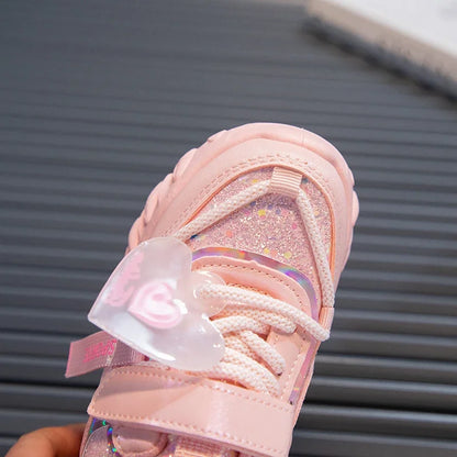 Girls Sports Shoes Kids Running Sneakers for School Fashion Cute Shiny Non-slip Children's Casual Shoes with Heart Spring Autumn