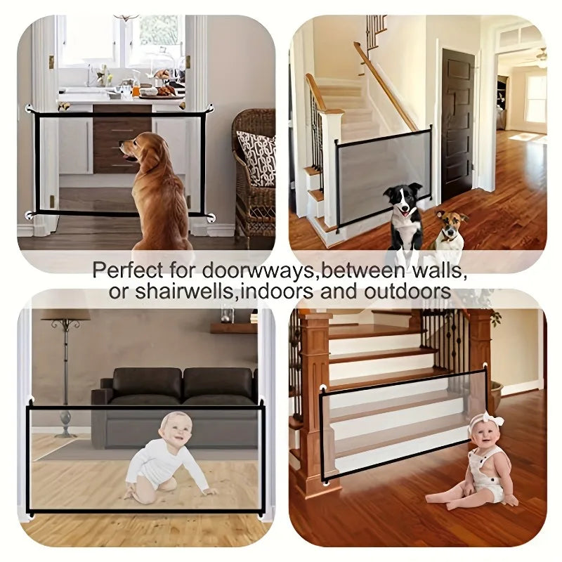 Retractable Baby Fence Barrier Foldable Baby Safety Gate With 4 Hooks Nylon Mesh Portable Protection Door Pet Isolation Net