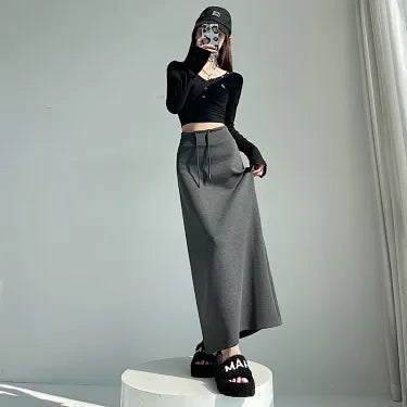 Women Spring Autumn Sports Maxi Skirt High Waist Drawstring A Line Straight Split Draped Casual Sweat Long Skirt