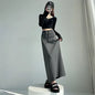 Women Spring Autumn Sports Maxi Skirt High Waist Drawstring A Line Straight Split Draped Casual Sweat Long Skirt