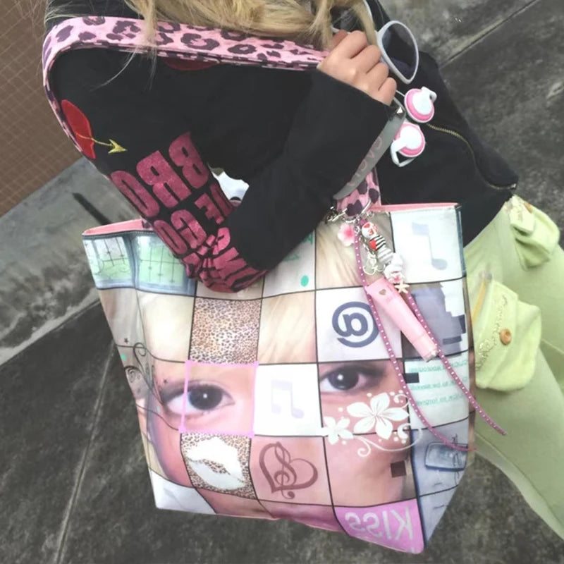 Brand Portrait Print Tote Bag Large Capacity Top-handle Shopper Bag Fashion Pvc Kraft Paper Shoulderbag Waterproof Pouch Storage