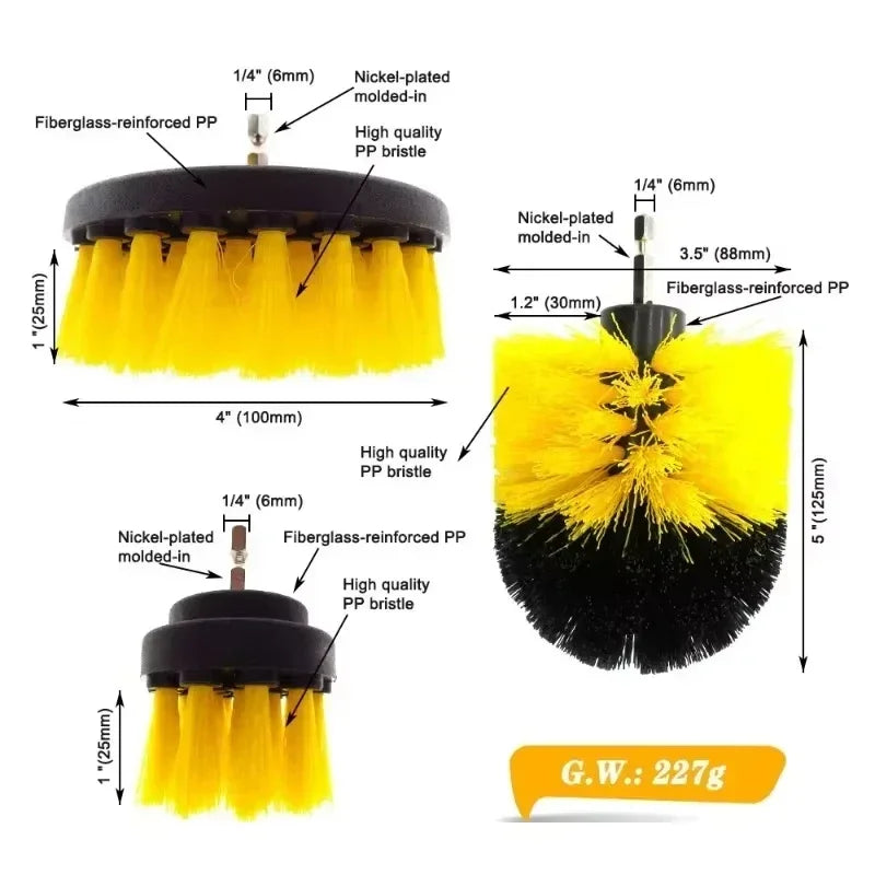 3pcs/set Electric Scrubber Brush Drill Brush Kit Plastic Round Cleaning Brush For Carpet Glass Car Tires Nylon Brushes 1/4pcs