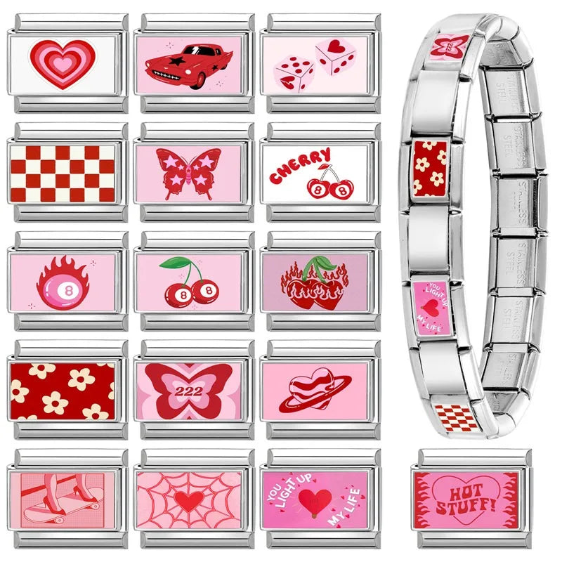 Wholesale Sweet Pink Series Stars Heart Flowers Butterfly Italian Link Fit 9mm Stainless Steel Bracelet Making DIY Charm Jewelry