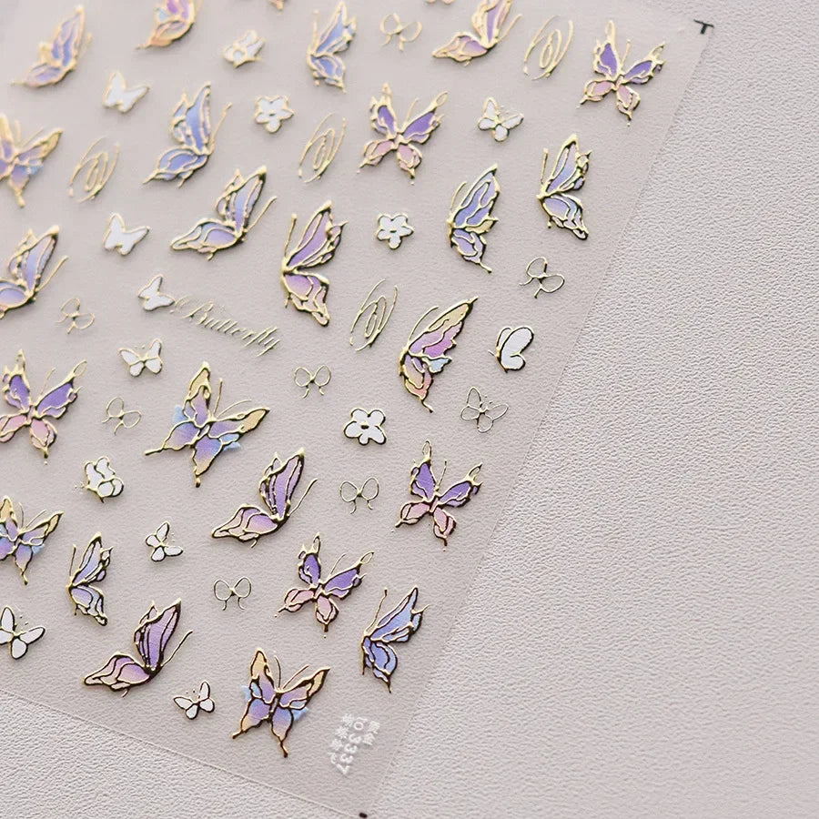 Shiny Jelly Butterfly Charming Golden Gradient Bowknot 5D Self Adhesive Nail Art Sticker Flower Petal Rhinestone Manicure Decals