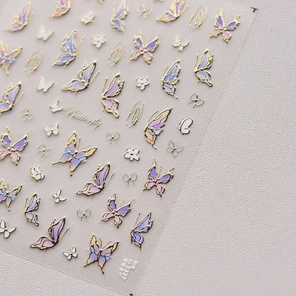 Shiny Jelly Butterfly Charming Golden Gradient Bowknot 5D Self Adhesive Nail Art Sticker Flower Petal Rhinestone Manicure Decals
