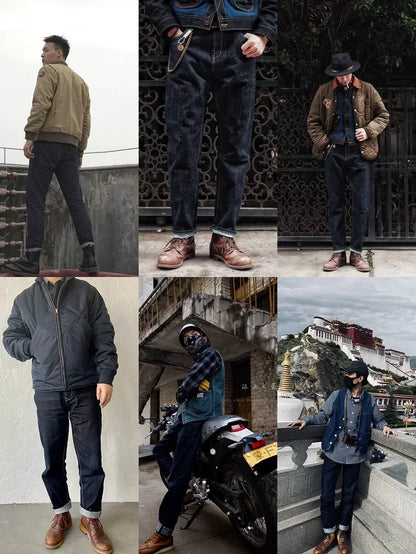 Maden Vintage Raw Denim Jeans for Men 14.8 OZ Jeans Denim Washed Straight Tapered Fit Pants Mid Waist Casual Trousers