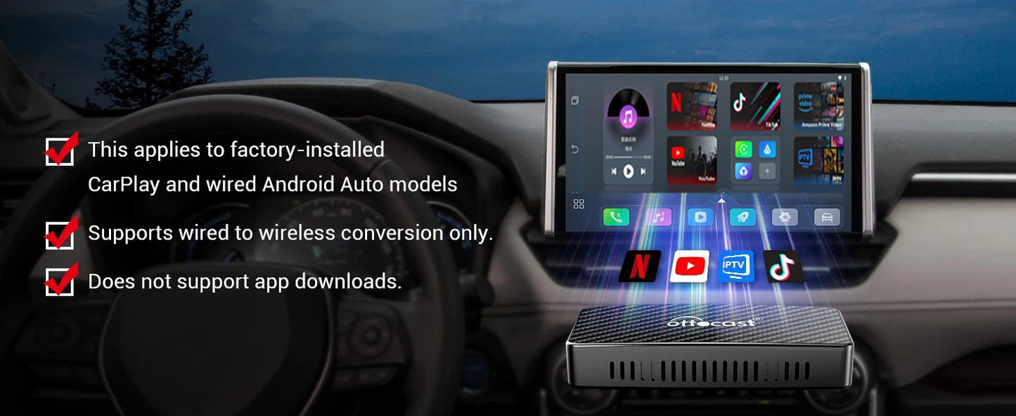 OTTOCAST Play2Video Pro Ai Box Pro Built in YouTube Netflix IPTV Video Box Wired to Wireless CarPlay Android Auto Adapter