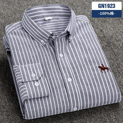 Casual cotton men's shirt slim fit horse logo bottom inch shirt Oxford spinning long sleeved striped shirt