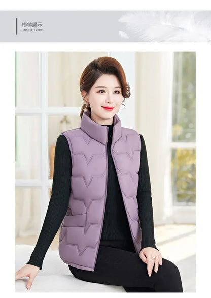 Fashion Women Down Cotton Jackets Vests Solid Stand Collar Zipper Cardigan Thicken Autumn Winter Warm Casual Sleeveless Coats