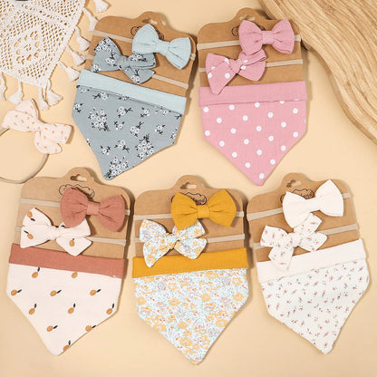 3Pcs/Set Muslin Cotton Print Bib Newborn Bows Headband Triangle Saliva Towel Infant Boy Girl Feeding Burp Baby Hair Accessories