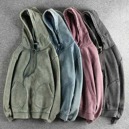 Heavy wash vintage high street trend hoodie men's chunky wool cotton comfort cardigan coat