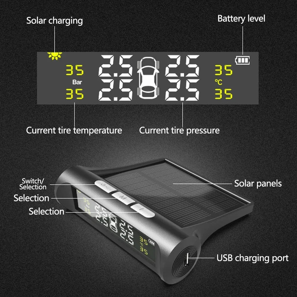 Solar Auto Security Alarm Systems Power TPMS Car Tire Pressure Alarm Monitor System Tyre Pressure Temperature Warning