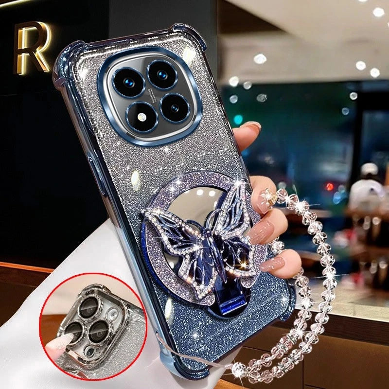 Glitter Butterfly Mirror Crystal Bracelet Case For Xiaomi Redmi Note 15 15C 14 14C 13 13C 12 11 Pro Plus 4G 5G Shockproof Cover