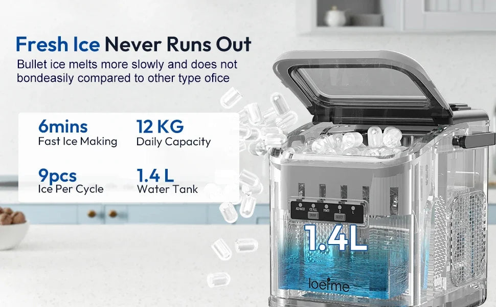 LOEFME Portable Ice Maker 1.4L 12kg/24H Fast Ice Cube Machine Self Cleaning Countertop Ice Maker for Home Kitchen Office Camping RV Party Bar Automatic Ice Making Machine Low Noise Energy Saving Easy Operation Large Capacity