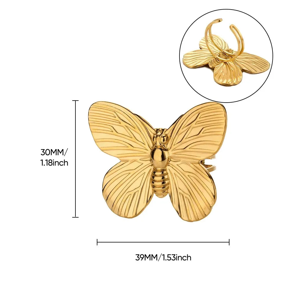 Cute Butterfly Rings For Women Gold Color Stainless Steel Geometric Opening Butterfly Ring Aesthetic Wedding Christmas Jewelry